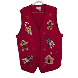 Vintage BP Design Christmas Sweater Vest Womens Size XL Red Beaded Embroidered